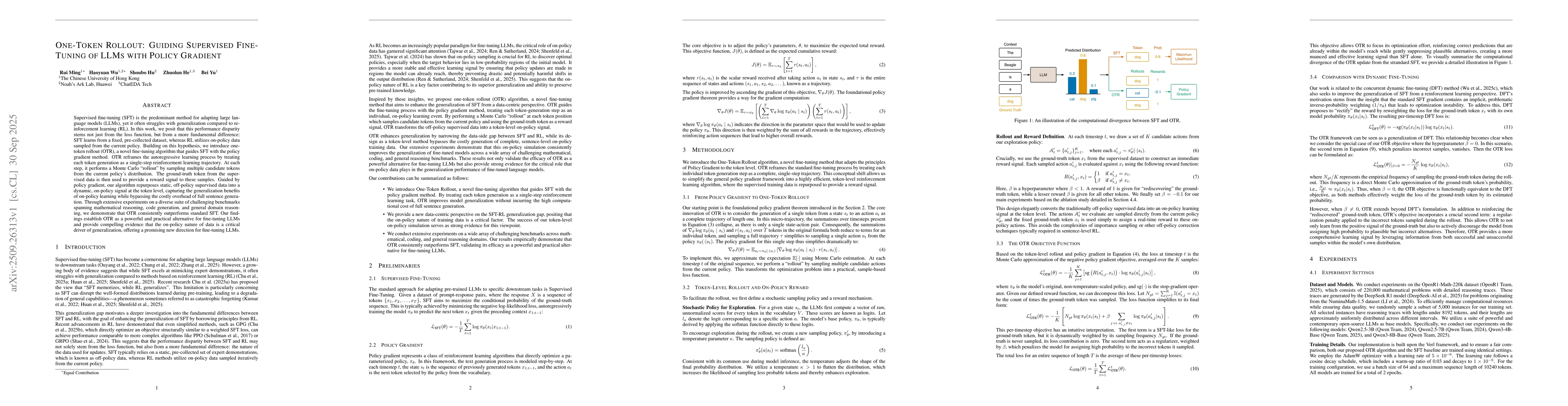 Thumbnail for One-Token Rollout: Guiding Supervised Fine-Tuning of LLMs with Policy
  Gradient