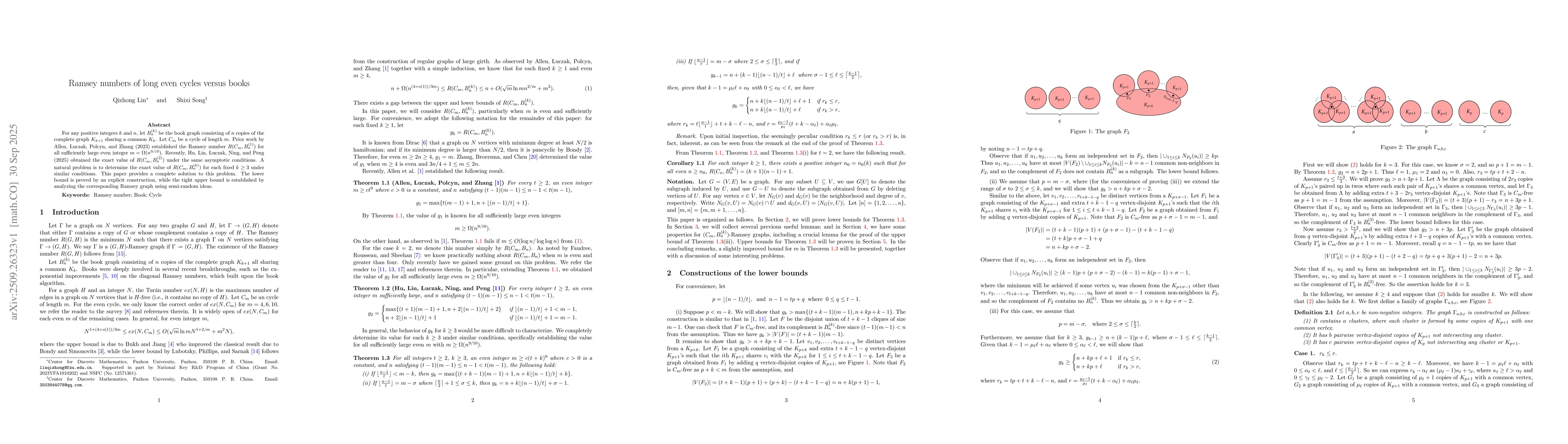 Thumbnail for Ramsey numbers of long even cycles versus books