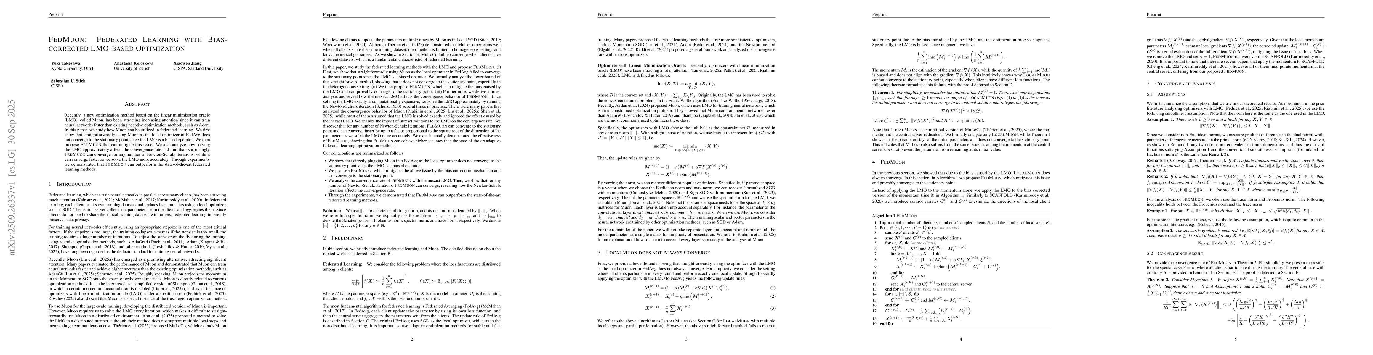 Thumbnail for FedMuon: Federated Learning with Bias-corrected LMO-based Optimization