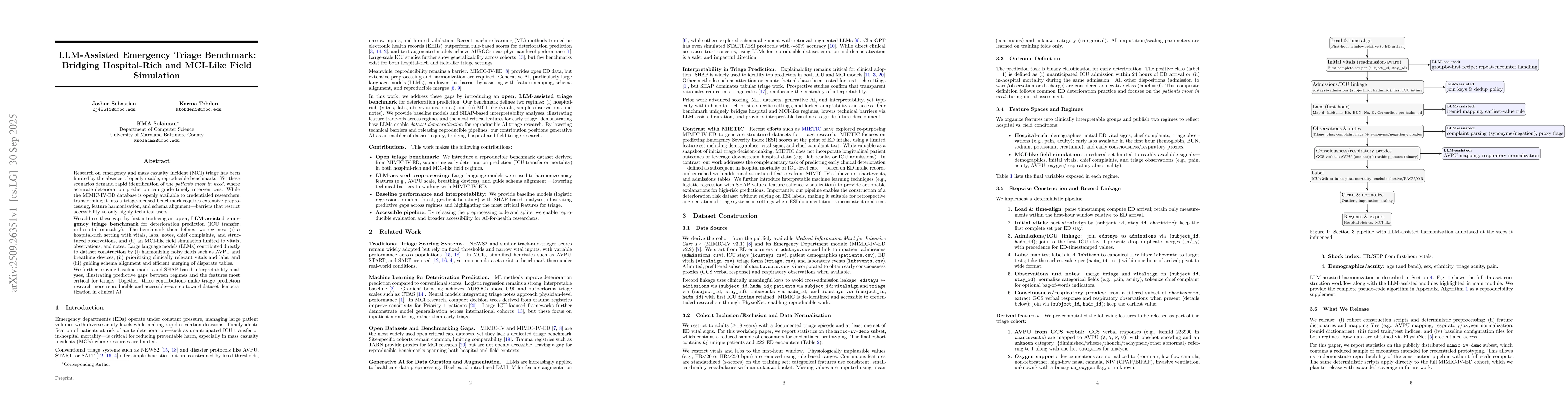 Thumbnail for LLM-Assisted Emergency Triage Benchmark: Bridging Hospital-Rich and
  MCI-Like Field Simulation