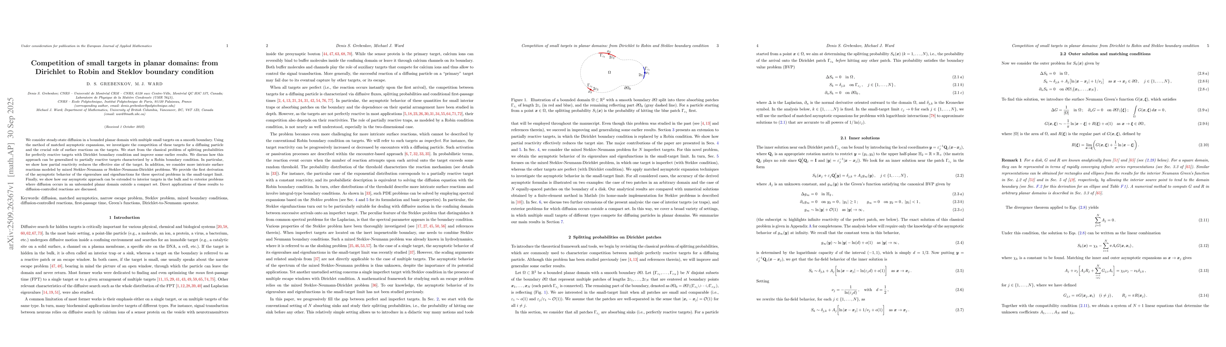 Thumbnail for Competition of small targets in planar domains: from Dirichlet to Robin
  and Steklov boundary condition