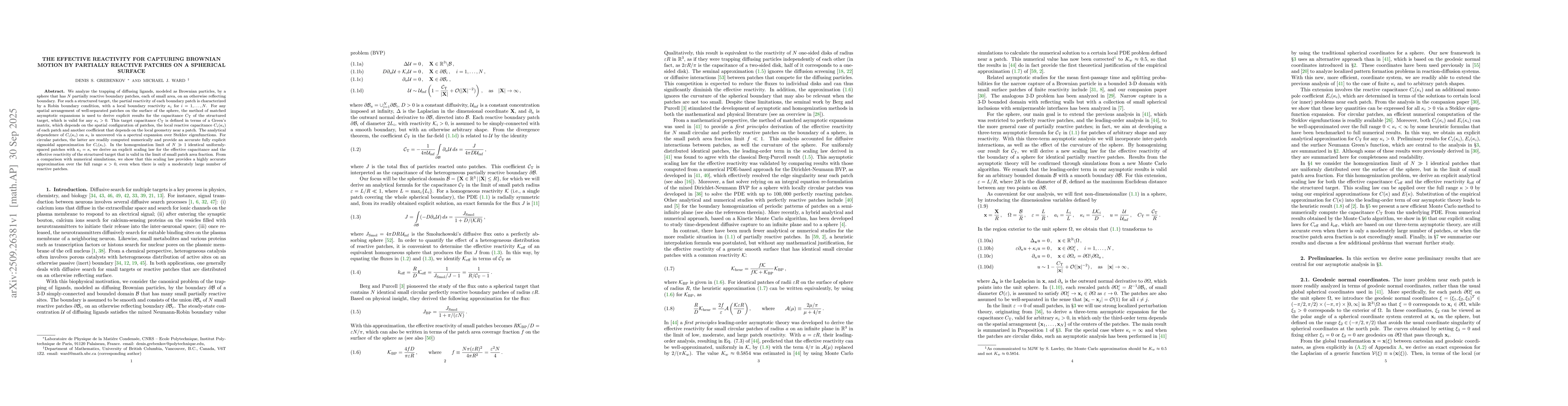 Thumbnail for The Effective Reactivity for Capturing Brownian Motion by Partially
  Reactive Patches on a Spherical Surface