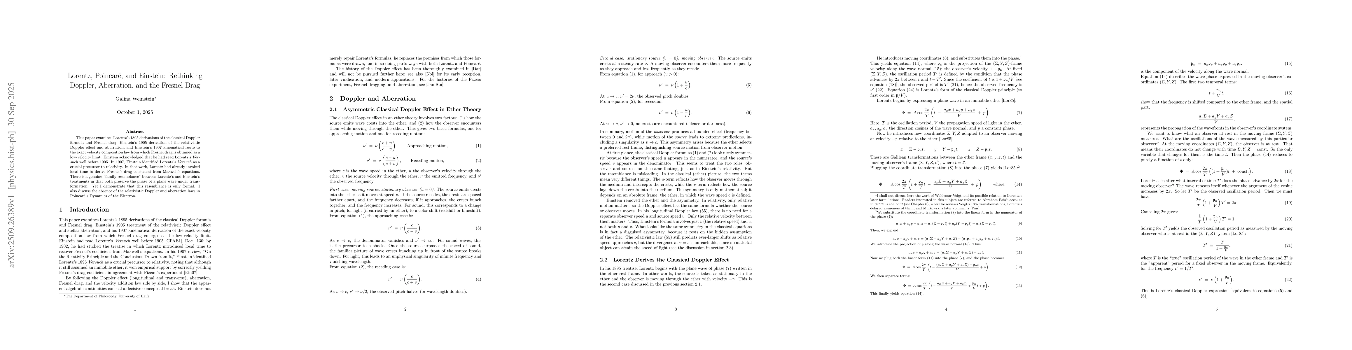 Thumbnail for Lorentz, Poincaré, and Einstein: Rethinking Doppler, Aberration, and
  the Fresnel Drag