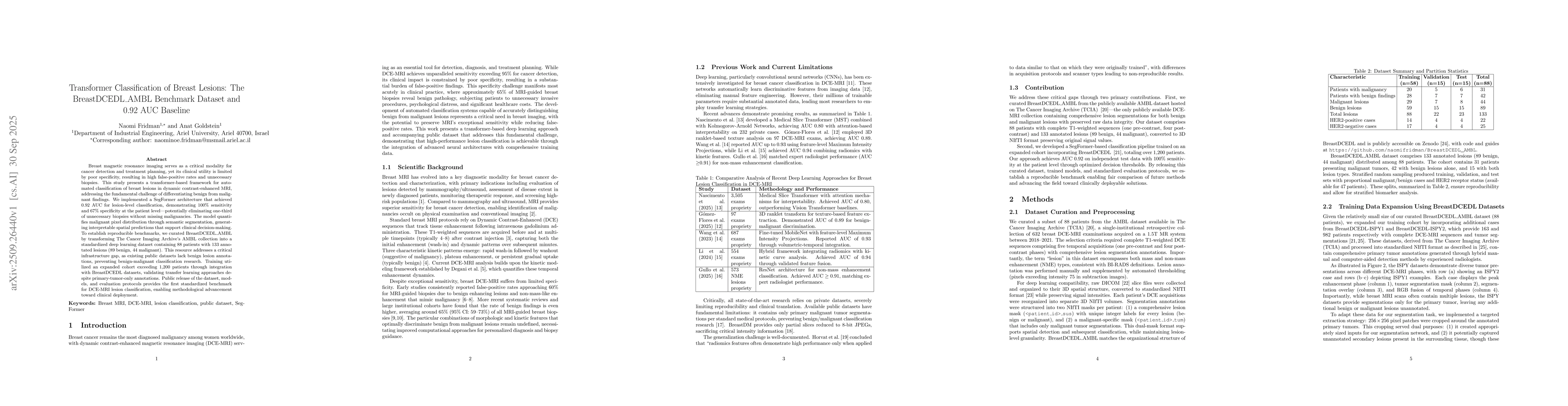 Thumbnail for Transformer Classification of Breast Lesions: The BreastDCEDL_AMBL
  Benchmark Dataset and 0.92 AUC Baseline