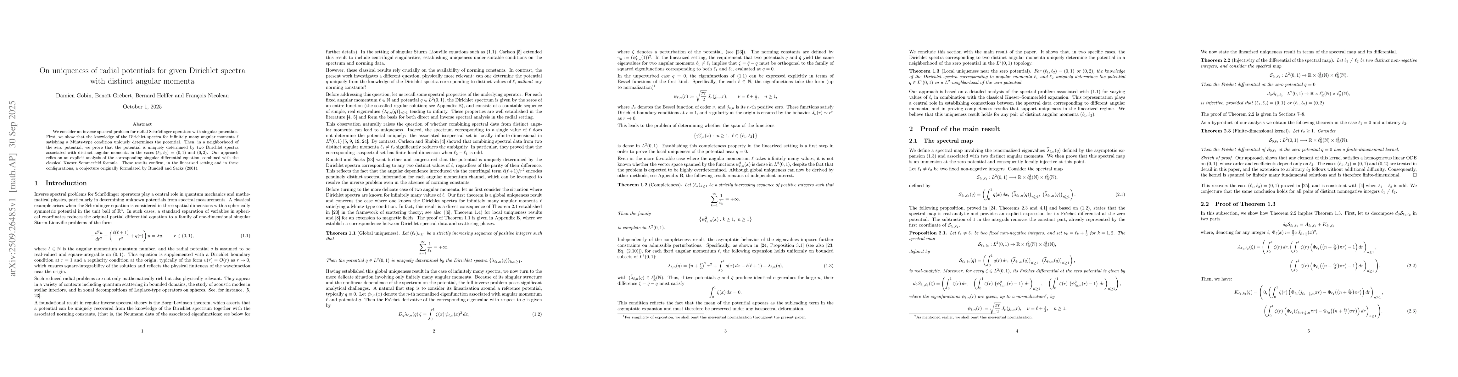 Thumbnail for On uniqueness of radial potentials for given Dirichlet spectra with
  distinct angular momenta