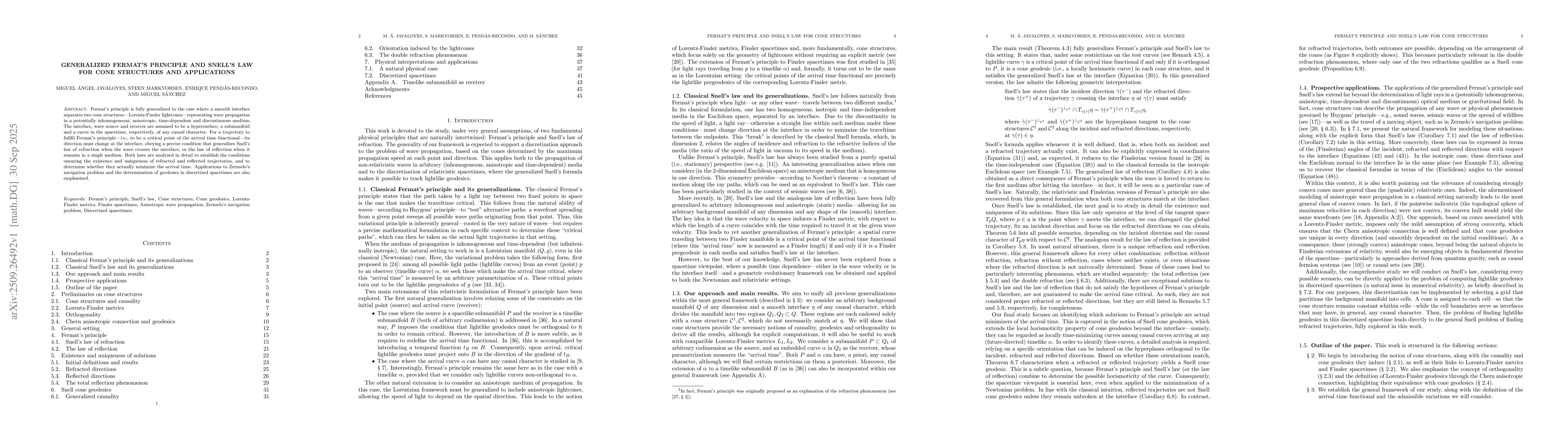 Thumbnail for Generalized Fermat's principle and Snell's law for cone structures and
  applications