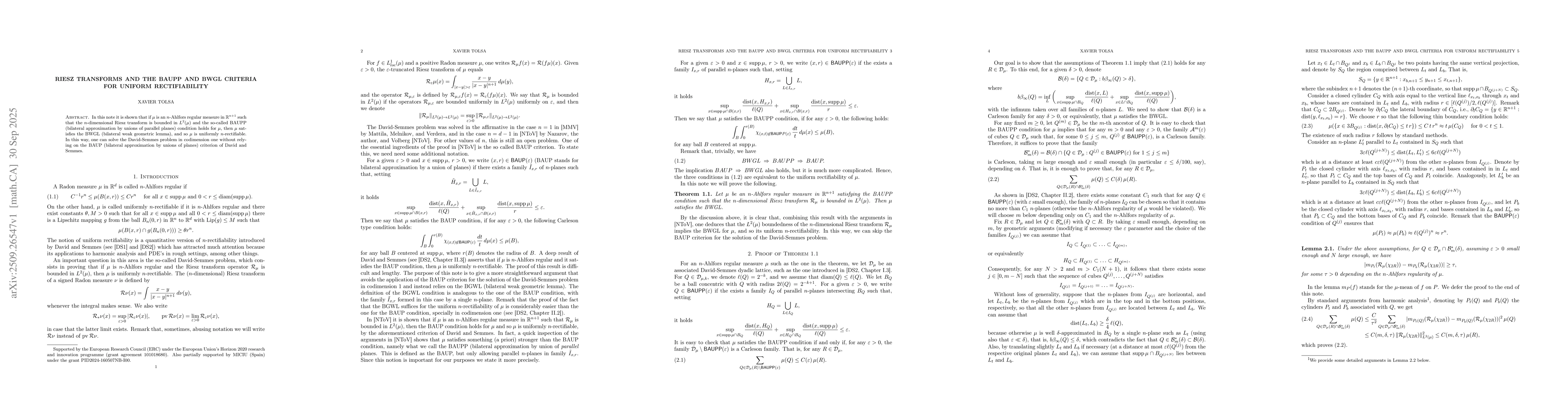 Thumbnail for Riesz transforms and the BAUPP and BWGL criteria for uniform
  rectifiability