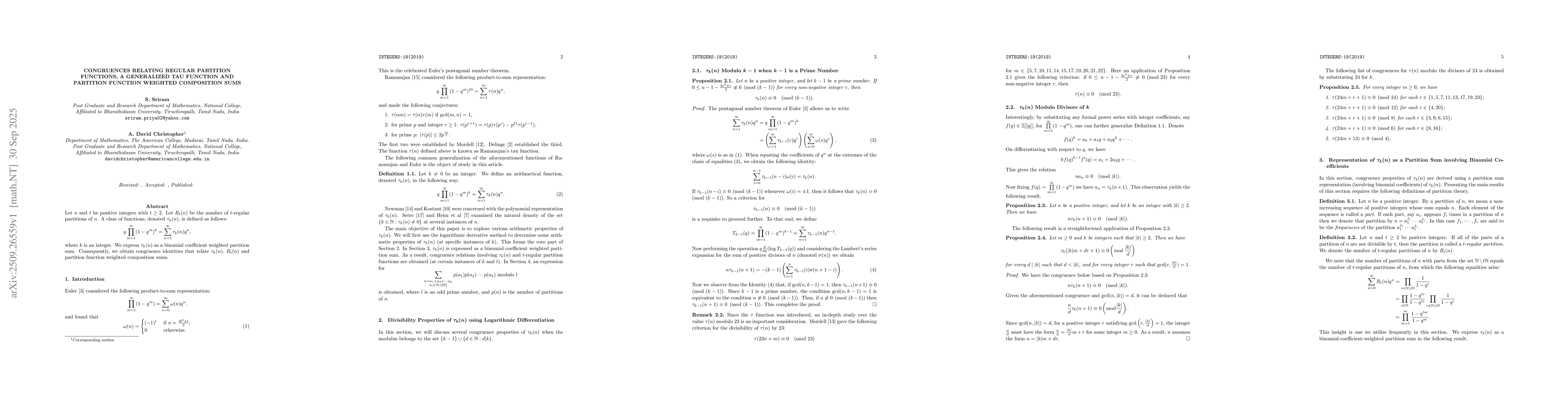 Thumbnail for Congruences Relating Regular Partition Functions, a Genearalised Tau
  Function and Partition Function Weighted Composition Sums