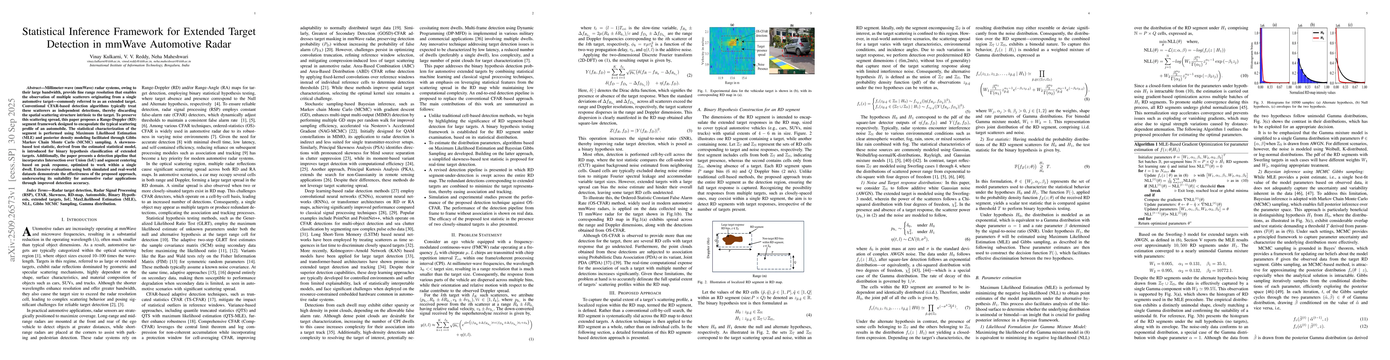 Thumbnail for Statistical Inference Framework for Extended Target Detection in mmWave
  Automotive Radar