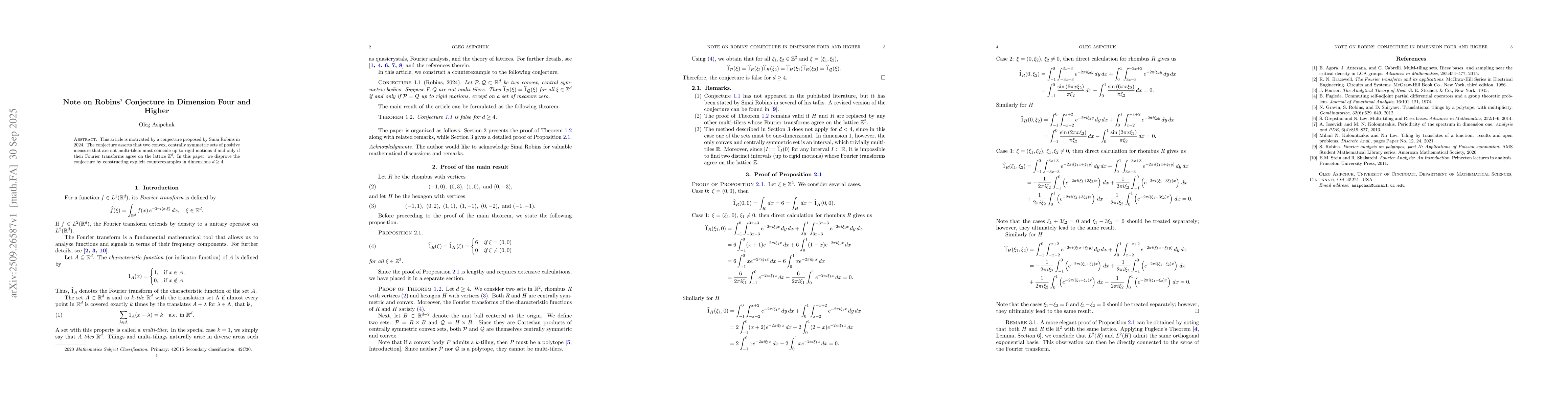 Thumbnail for Note on Robins' Conjecture in Dimension Four and Higher