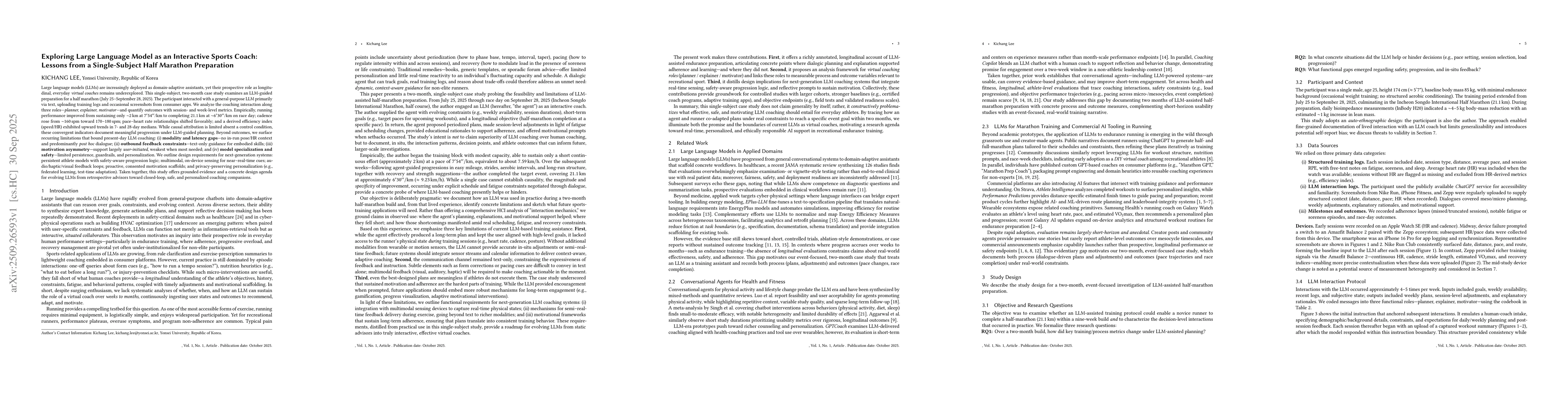 Thumbnail for Exploring Large Language Model as an Interactive Sports Coach: Lessons
  from a Single-Subject Half Marathon Preparation
