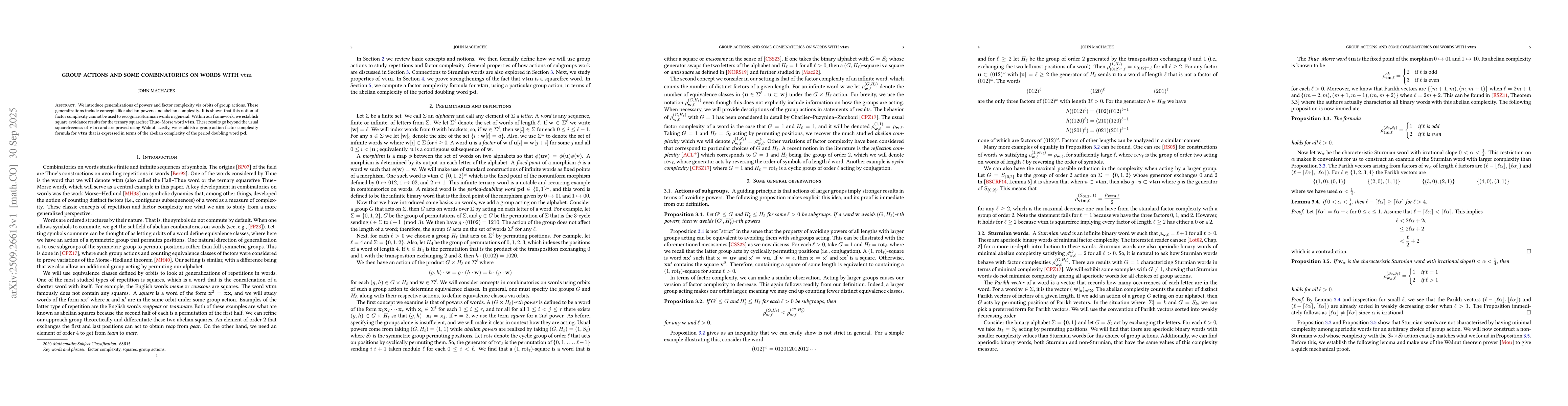 Thumbnail for Group Actions and Some Combinatorics on Words with $\mathbf{vtm}$