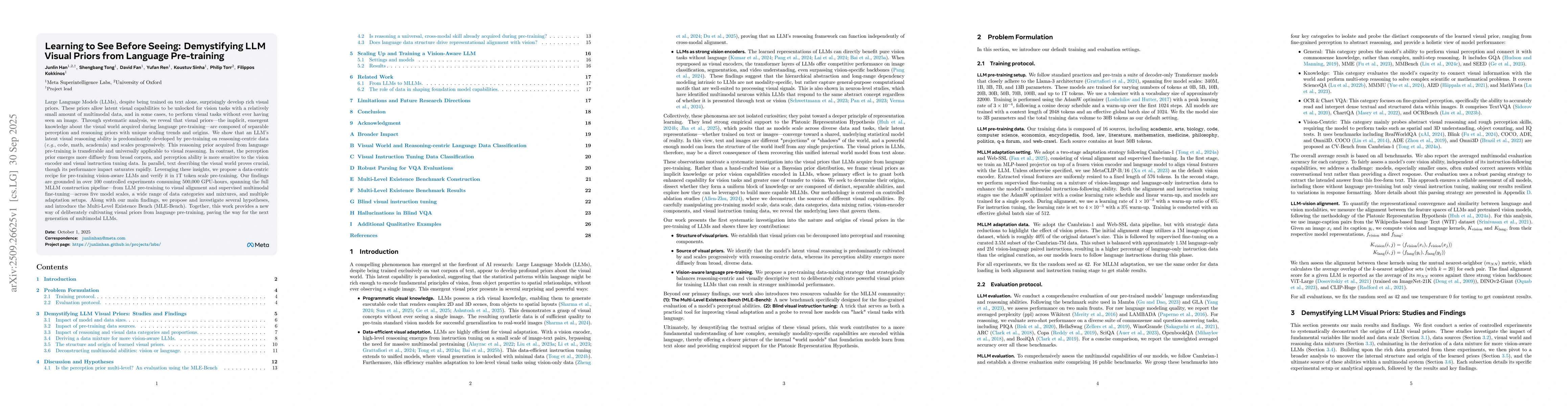 Thumbnail for Learning to See Before Seeing: Demystifying LLM Visual Priors from
  Language Pre-training