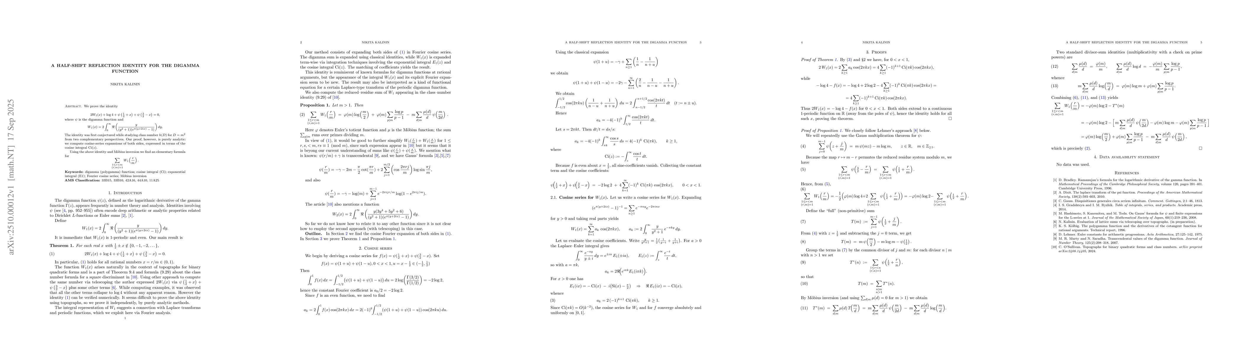 Thumbnail for A half-shift reflection identity for the digamma function