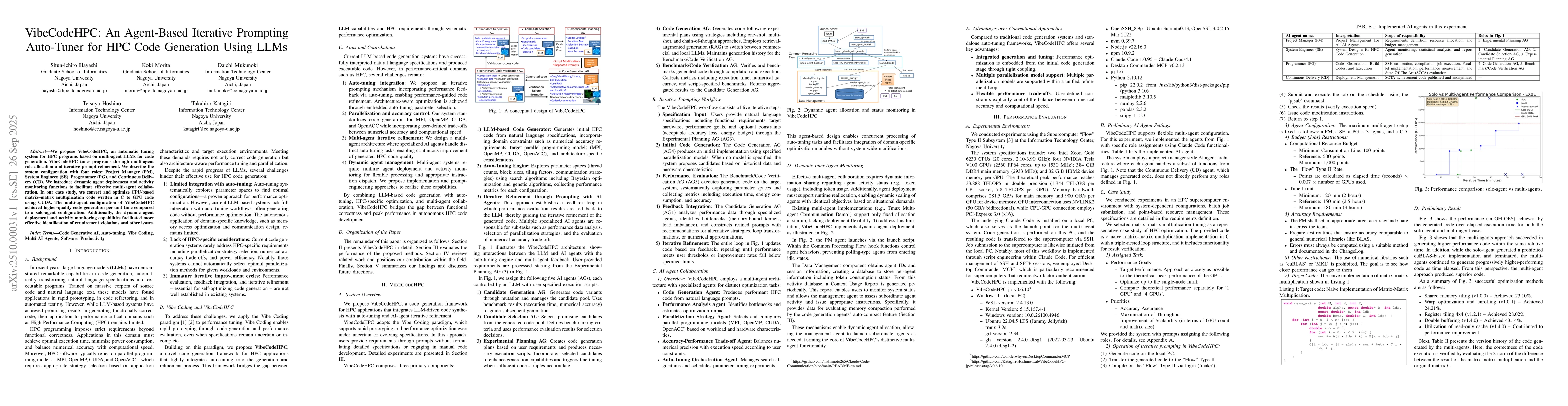 Thumbnail for VibeCodeHPC: An Agent-Based Iterative Prompting Auto-Tuner for HPC Code
  Generation Using LLMs