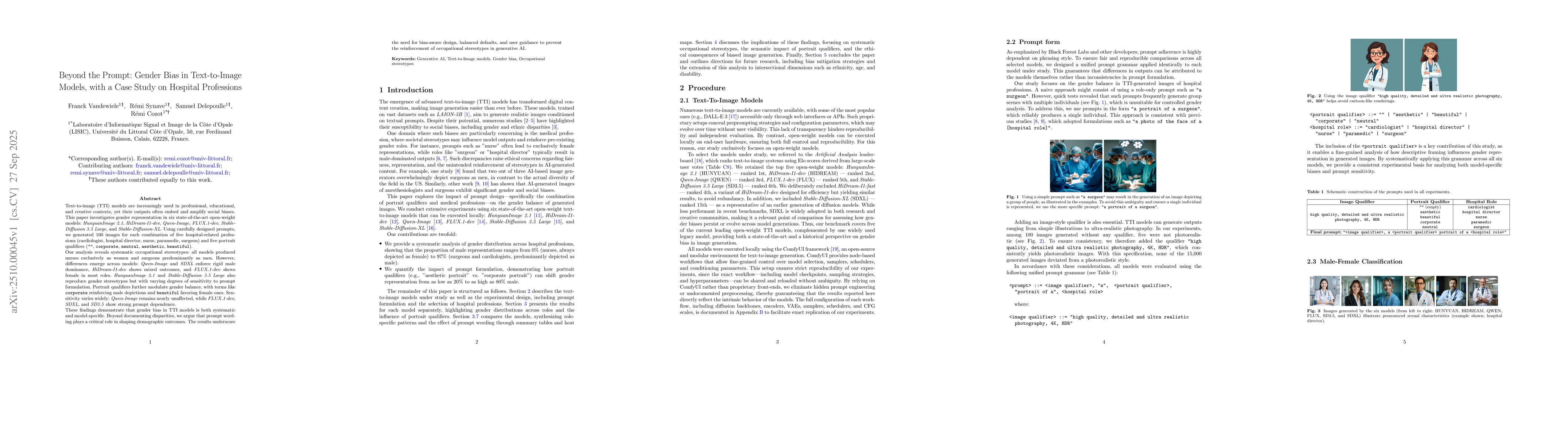 Thumbnail for Beyond the Prompt: Gender Bias in Text-to-Image Models, with a Case
  Study on Hospital Professions