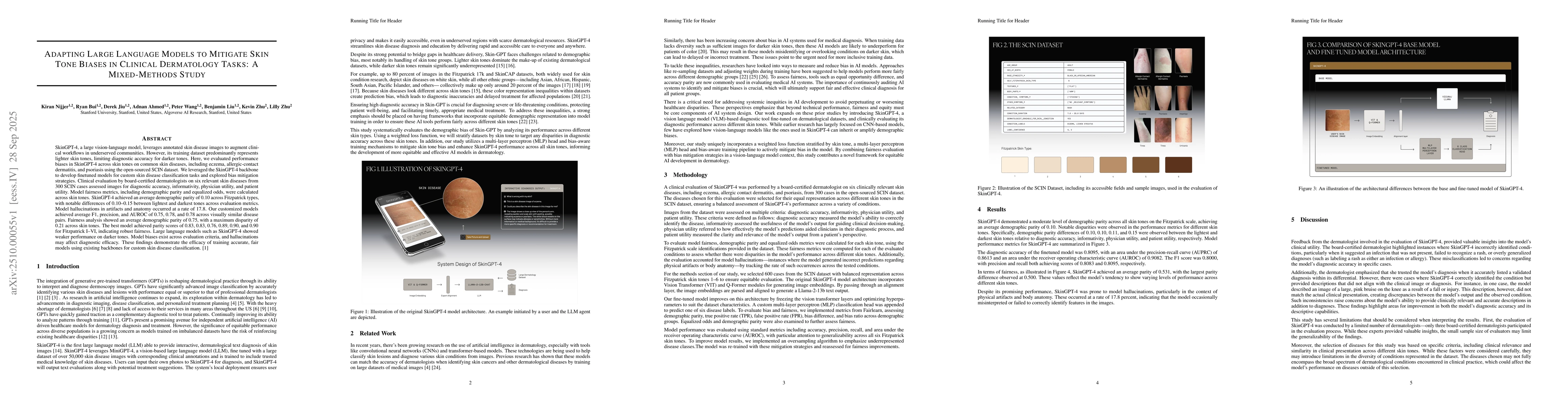 Thumbnail for Adapting Large Language Models to Mitigate Skin Tone Biases in Clinical
  Dermatology Tasks: A Mixed-Methods Study
