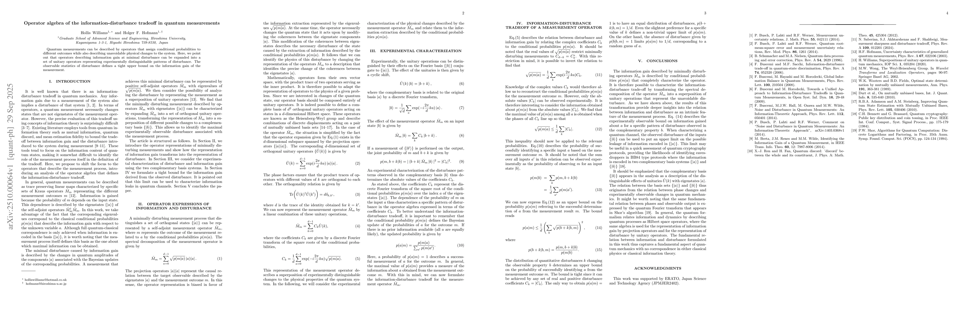 Thumbnail for Operator algebra of the information-disturbance tradeoff in quantum
  measurements