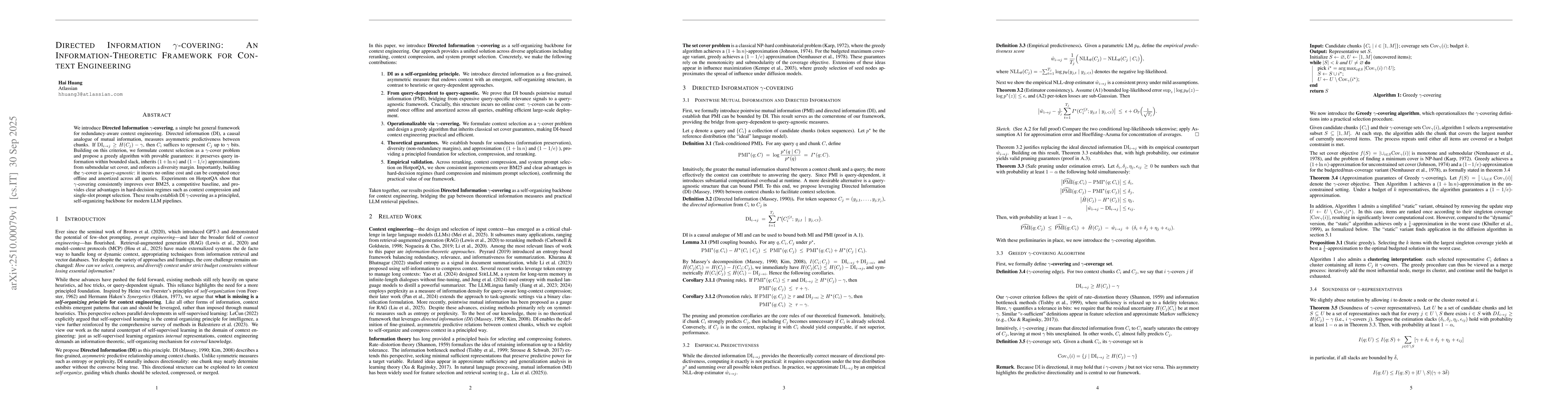 Thumbnail for Directed Information $γ$-covering: An Information-Theoretic
  Framework for Context Engineering