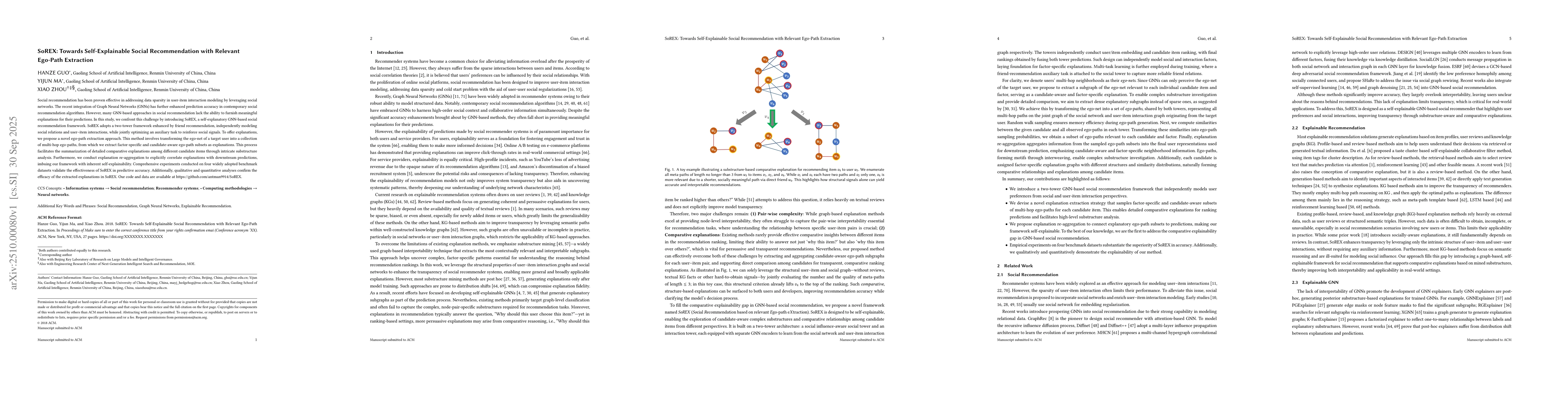 Thumbnail for SoREX: Towards Self-Explainable Social Recommendation with Relevant
  Ego-Path Extraction