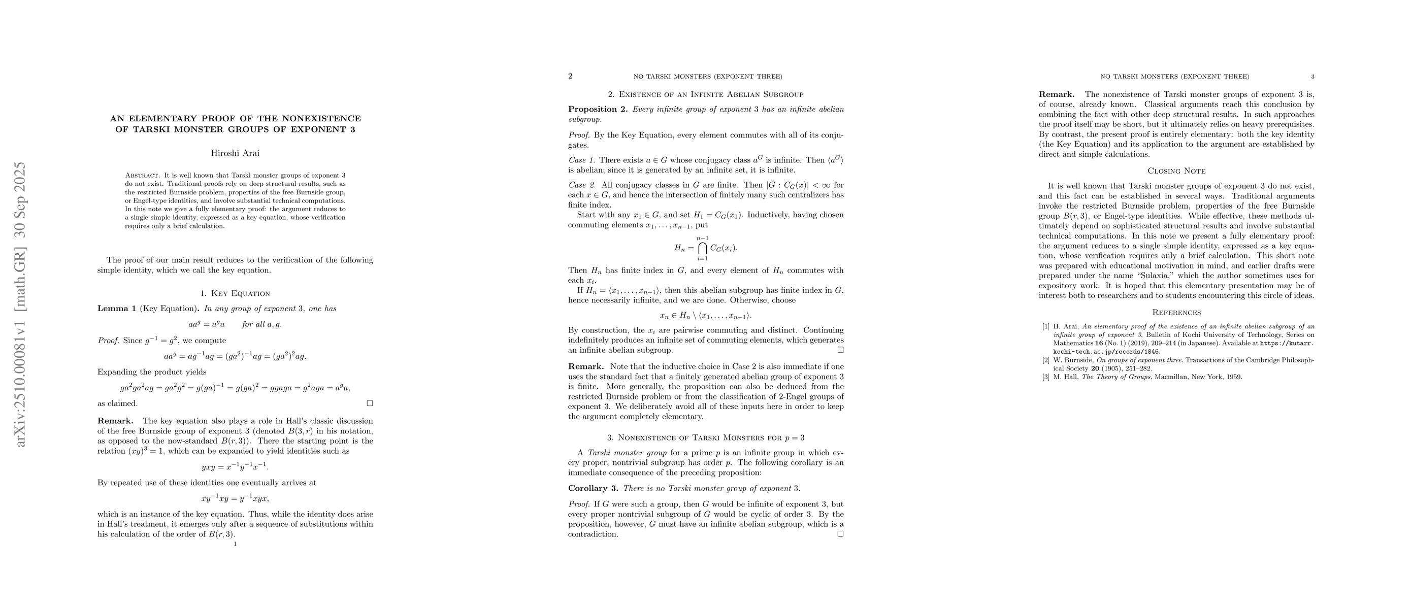 Thumbnail for An Elementary Proof of the Nonexistence of Tarski Monster Groups of
  Exponent 3