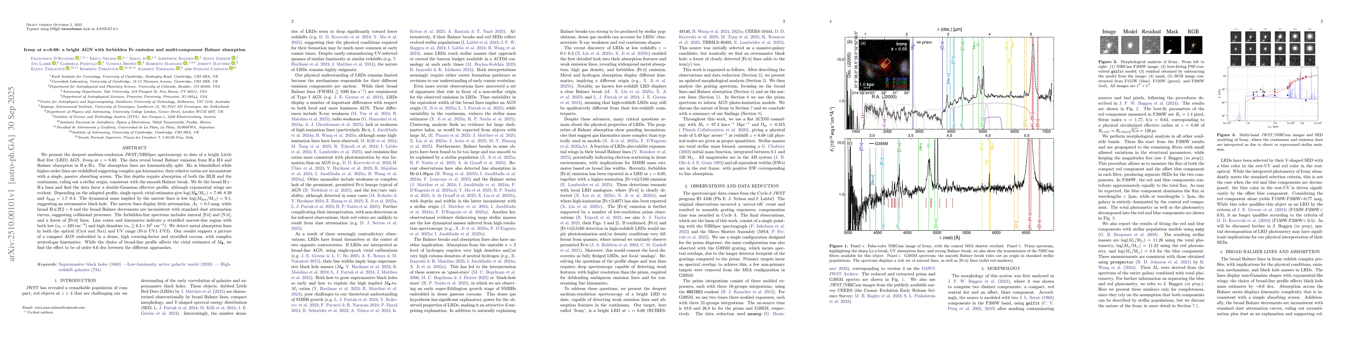 Thumbnail for Irony at z=6.68: a bright AGN with forbidden Fe emission and
  multi-component Balmer absorption