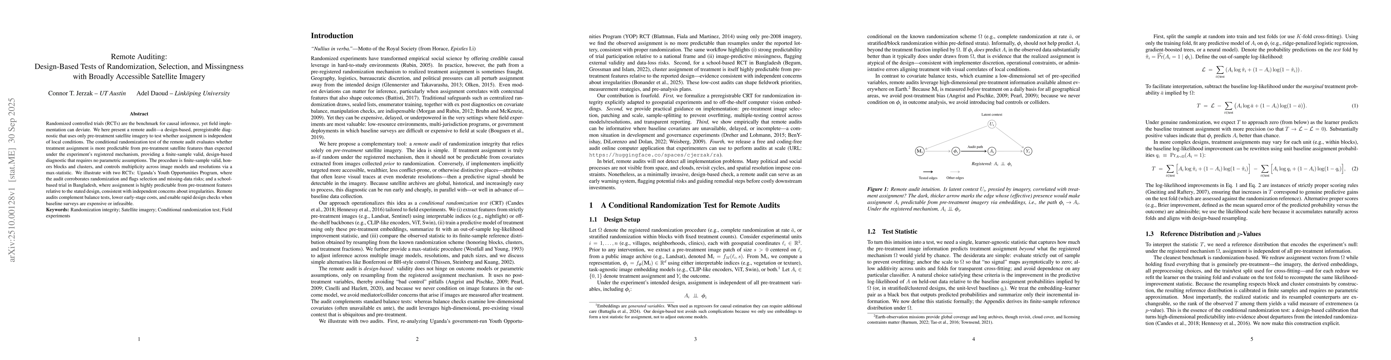 Thumbnail for Remote Auditing: Design-based Tests of Randomization, Selection, and
  Missingness with Broadly Accessible Satellite Imagery