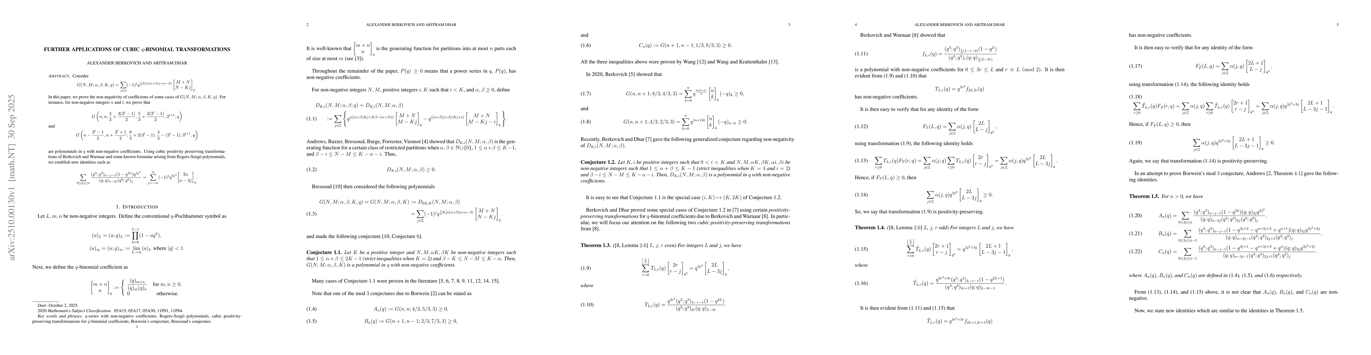 Thumbnail for Further Applications of Cubic $q$-Binomial Transformations