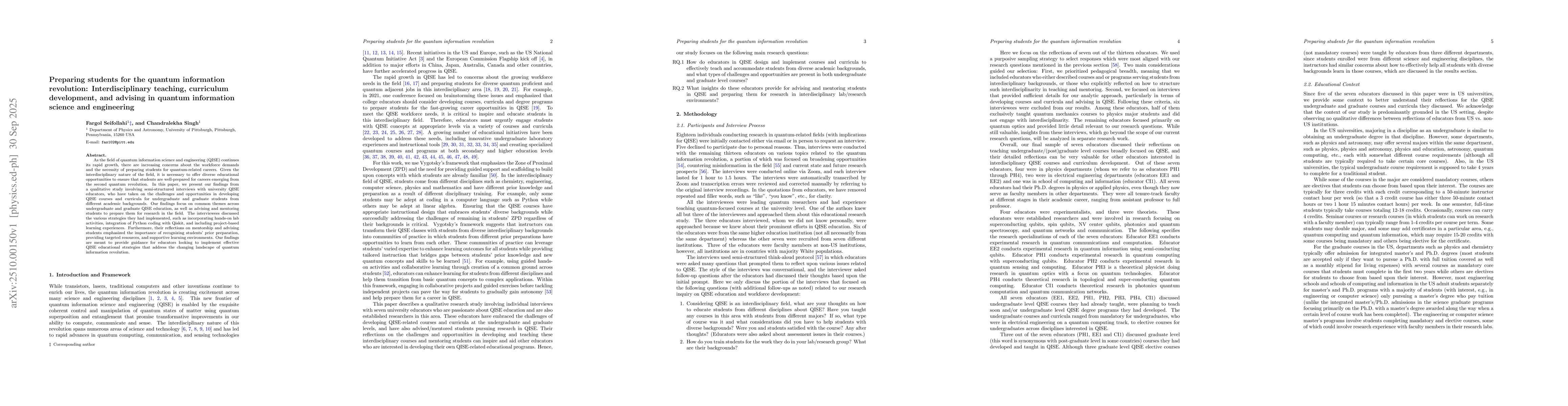 Thumbnail for Preparing students for the quantum information revolution:
  Interdisciplinary teaching, curriculum development, and advising in quantum
  information science and engineering