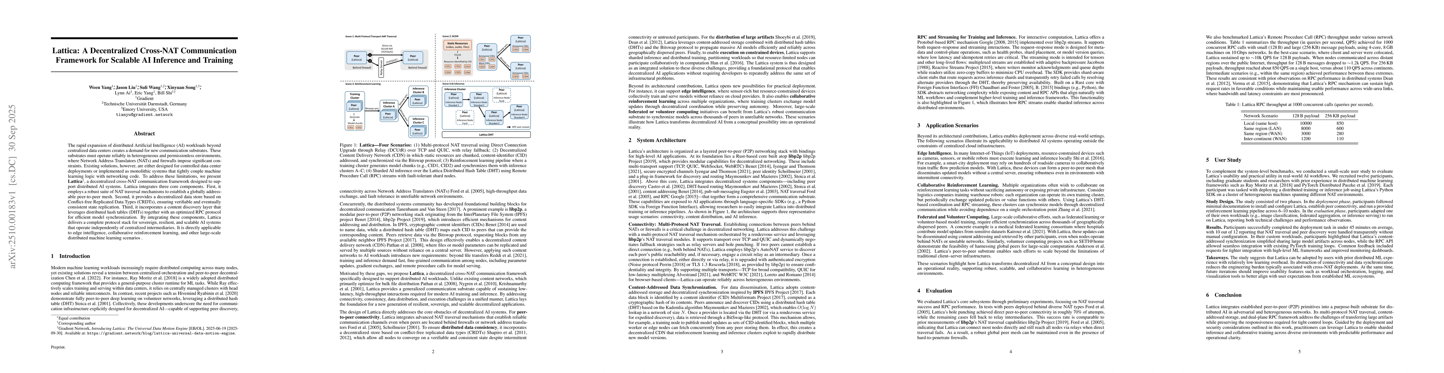 Thumbnail for Lattica: A Decentralized Cross-NAT Communication Framework for Scalable
  AI Inference and Training