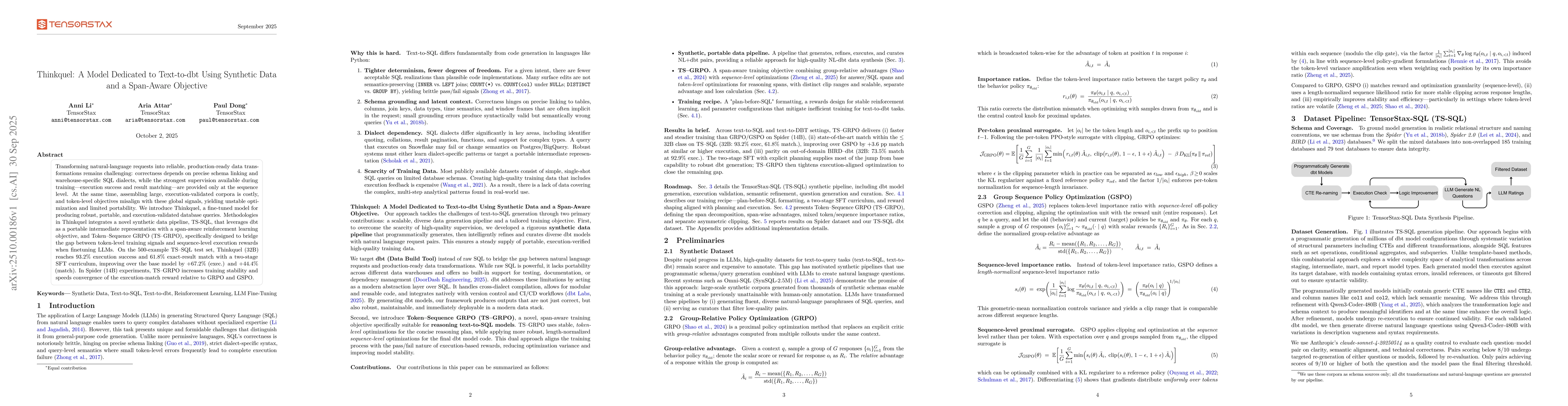 Thumbnail for Thinkquel: A Model Dedicated to Text-to-dbt Using Synthetic Data and a
  Span-Aware Objective