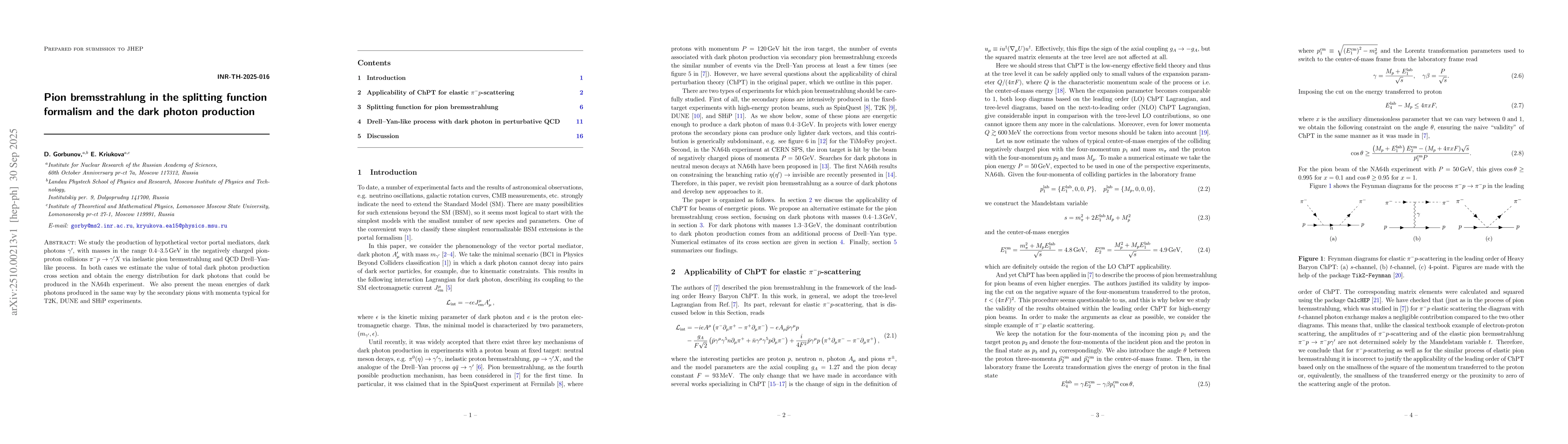 Thumbnail for Pion bremsstrahlung in the splitting function formalism and the dark
  photon production
