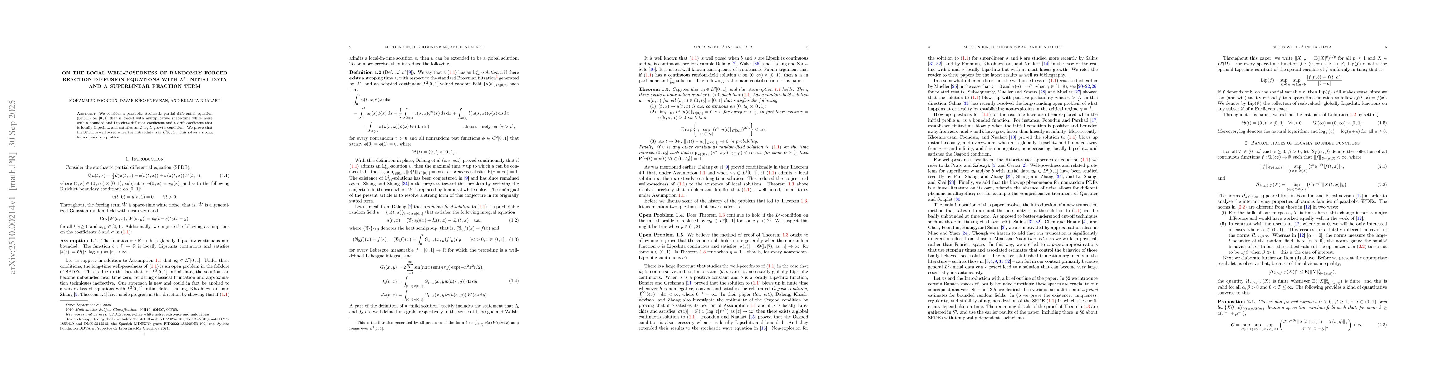 Thumbnail for On the local well-posedness of randomly forced reaction-diffusion
  equations with $L^2$ initial data and a superlinear reaction term