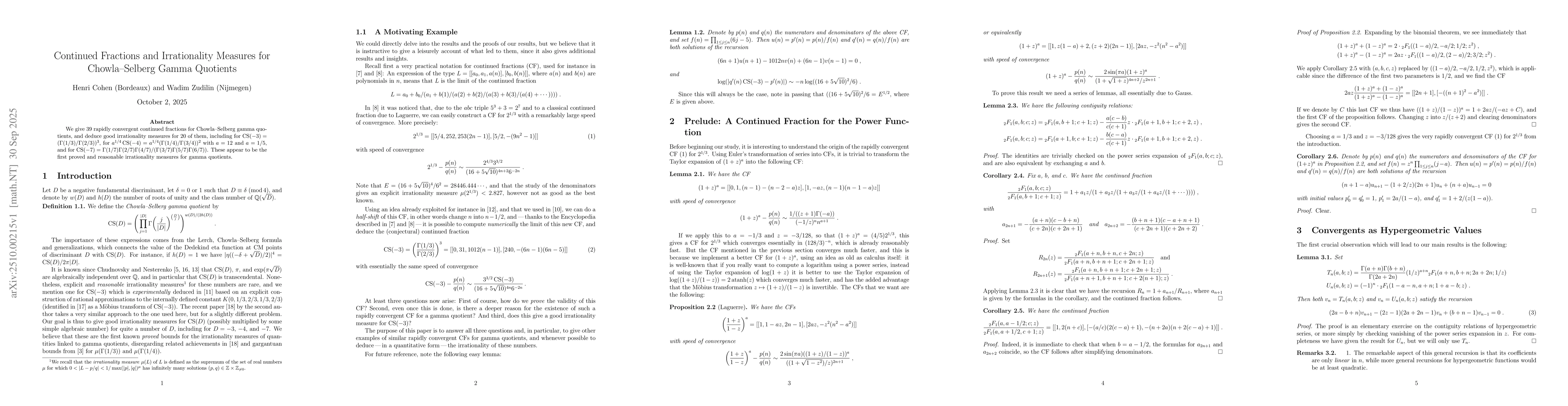 Thumbnail for Continued Fractions and Irrationality Measures for Chowla--Selberg Gamma
  Quotients