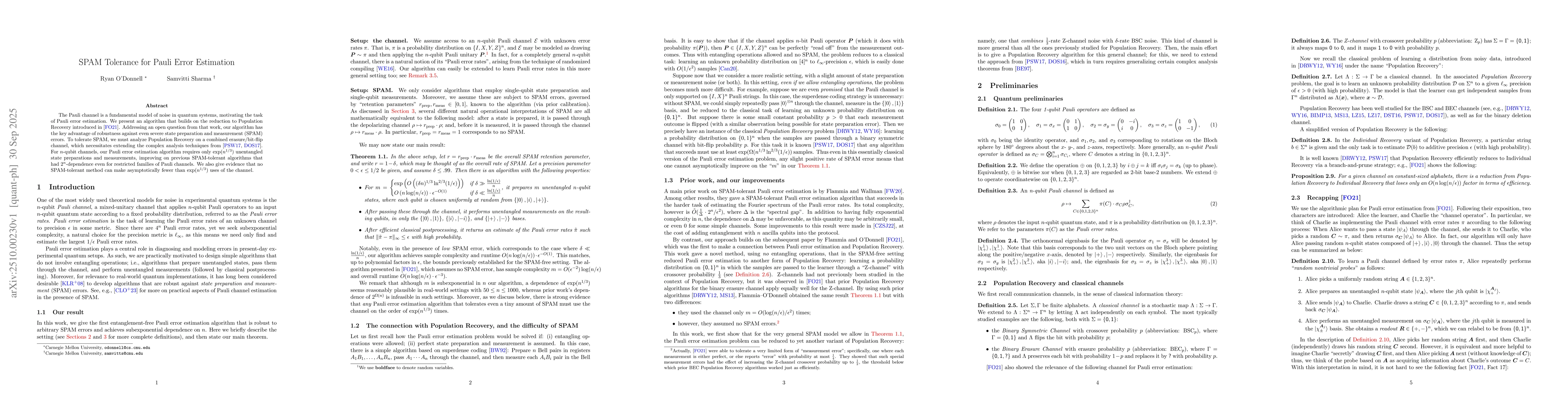 Thumbnail for SPAM Tolerance for Pauli Error Estimation
