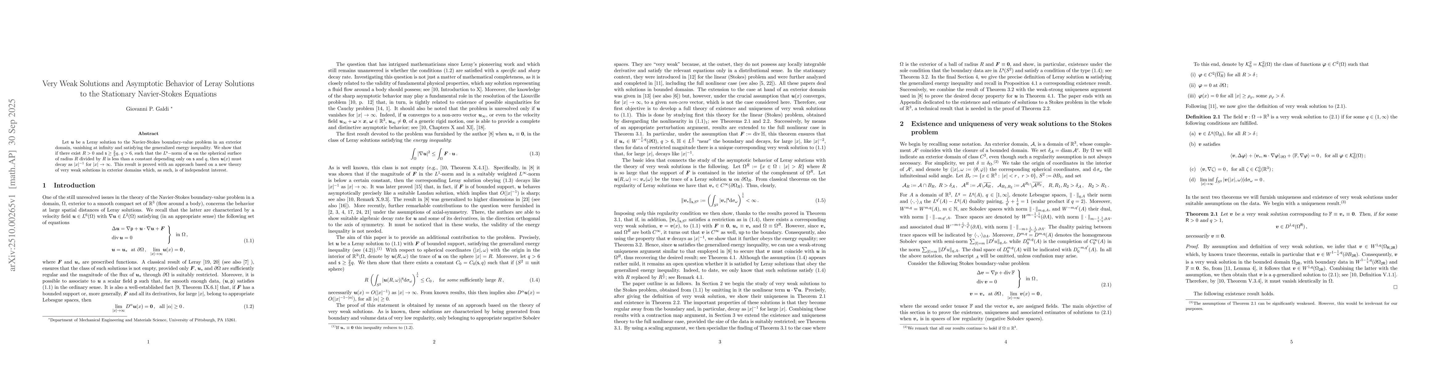 Thumbnail for Very Weak Solutions and Asymptotic Behavior of Leray Solutions to the
  Stationary Navier-Stokes Equations