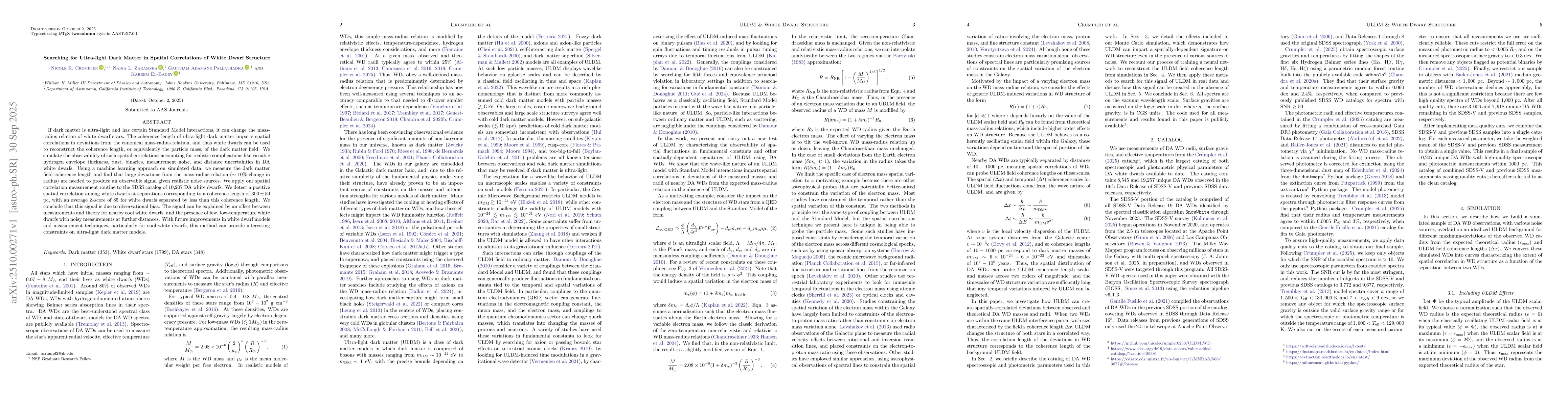 Thumbnail for Searching for Ultra-light Dark Matter in Spatial Correlations of White
  Dwarf Structure