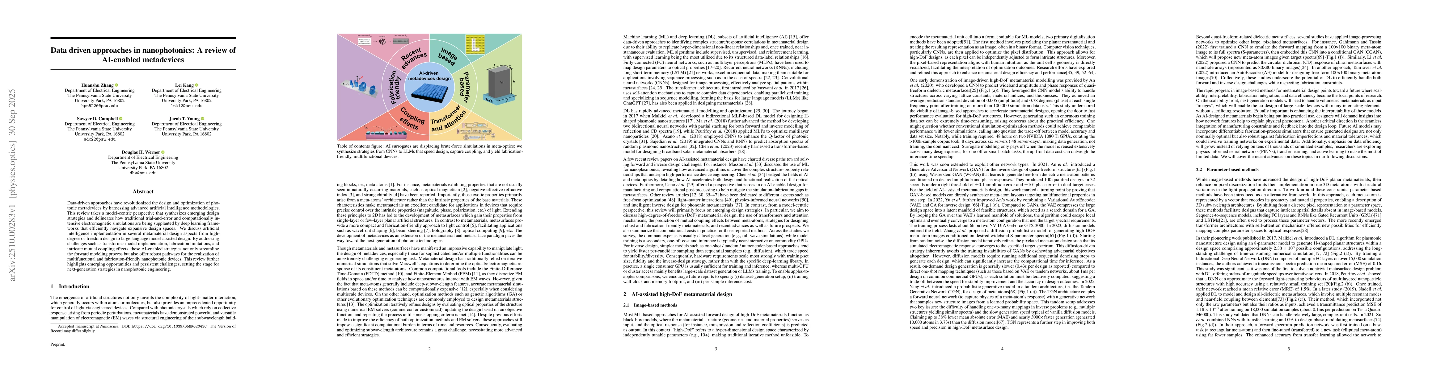 Thumbnail for Data driven approaches in nanophotonics: A review of AI-enabled
  metadevices