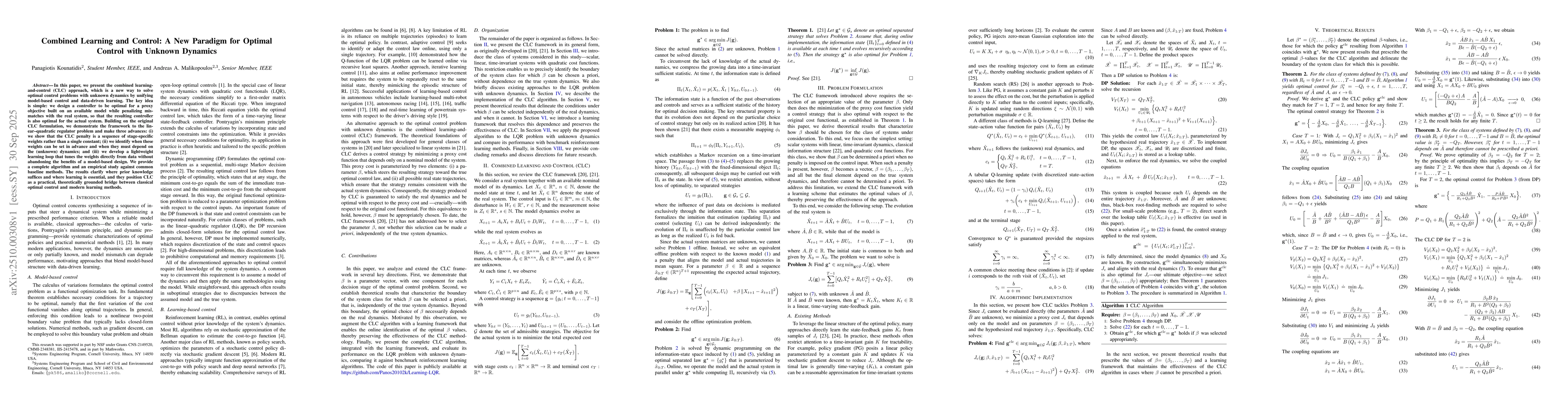 Thumbnail for Combined Learning and Control: A New Paradigm for Optimal Control with
  Unknown Dynamics