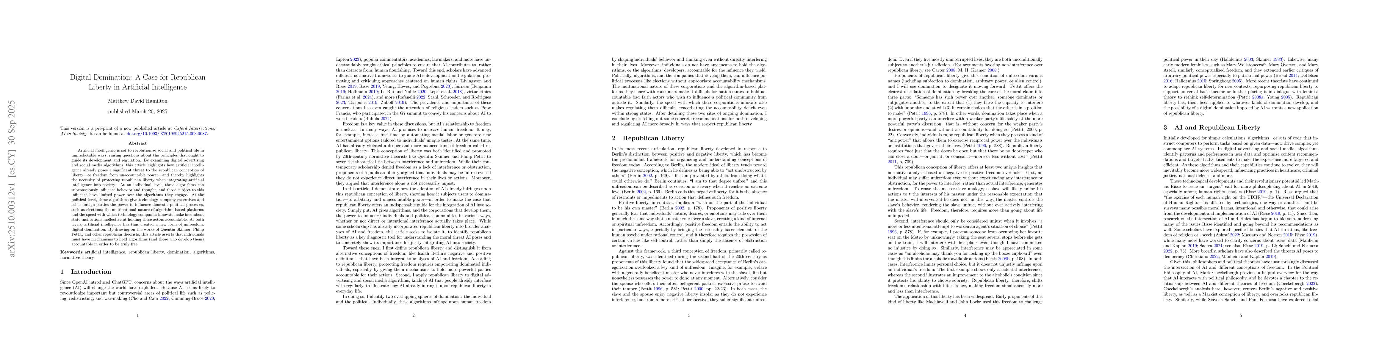 Thumbnail for Digital Domination: A Case for Republican Liberty in Artificial
  Intelligence