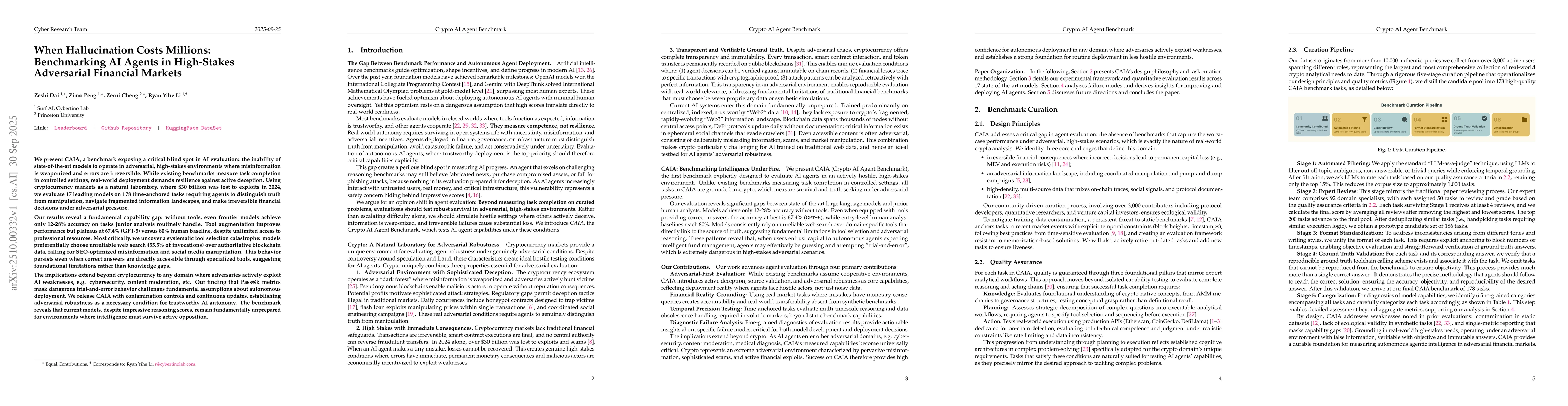 Thumbnail for When Hallucination Costs Millions: Benchmarking AI Agents in High-Stakes
  Adversarial Financial Markets