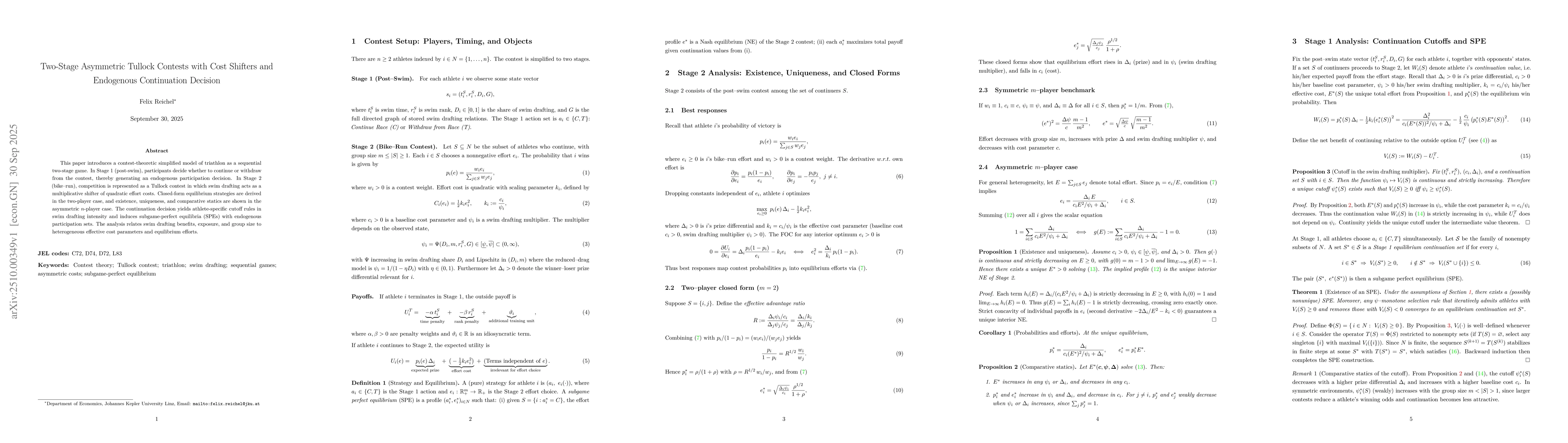 Thumbnail for Two-Stage Asymmetric Tullock Contests with Cost Shifters and Endogenous
  Continuation Decision