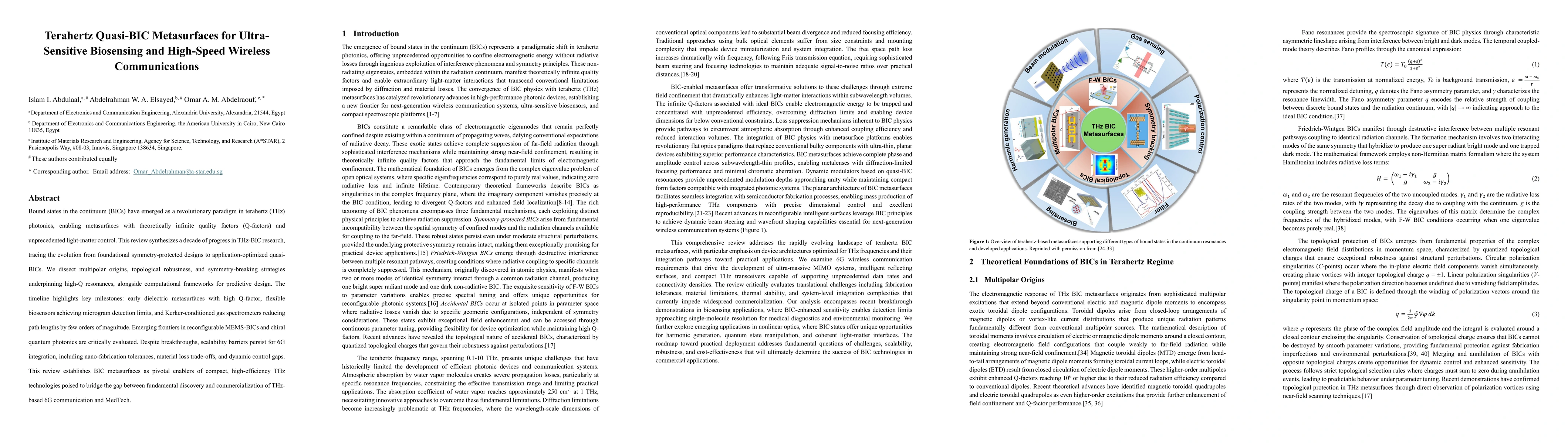 Thumbnail for Terahertz Quasi-BIC Metasurfaces for Ultra-Sensitive Biosensing and
  High-Speed Wireless Communications