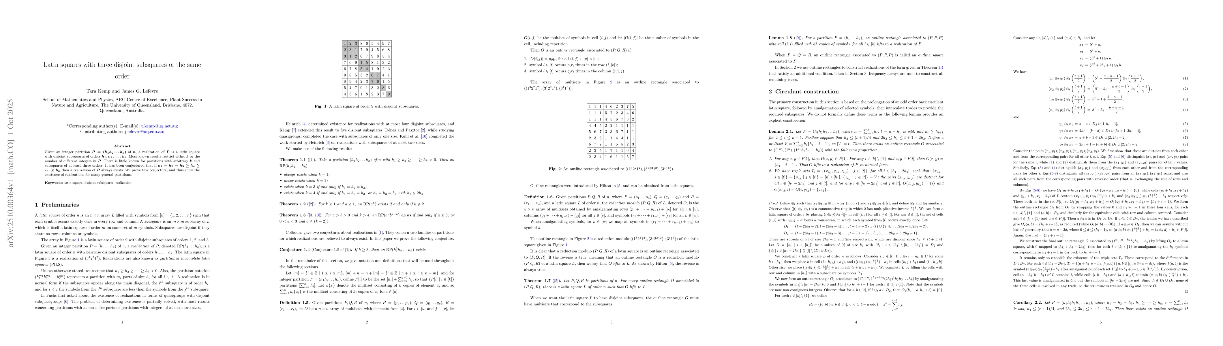 Thumbnail for Latin squares with three disjoint subsquares of the same order