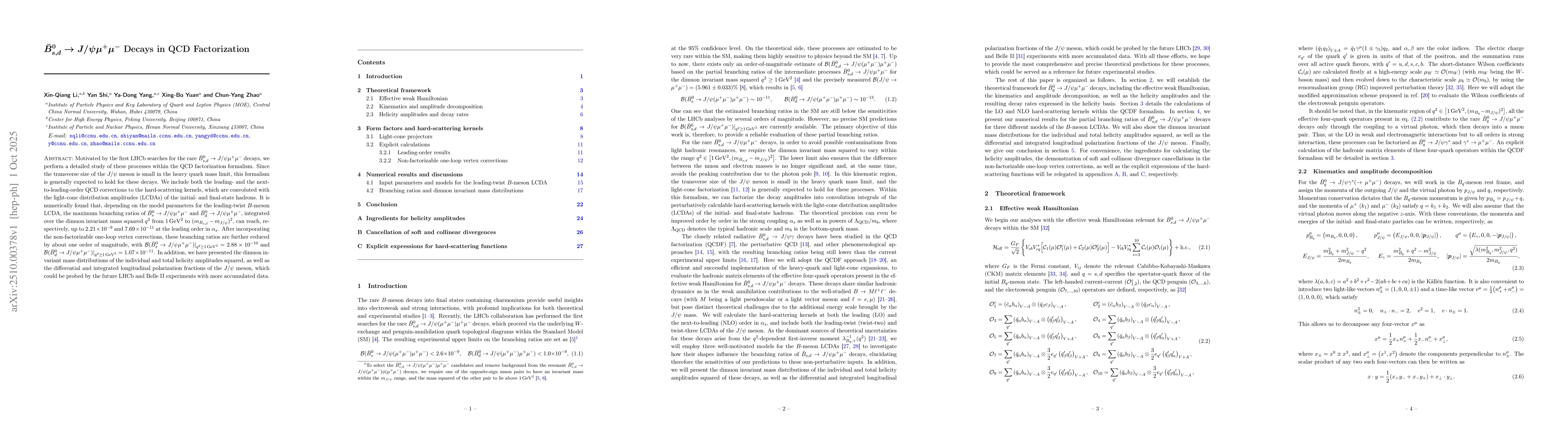 Thumbnail for $\bar{B}_{s,d}^{0} \to J/ψμ^{+}μ^{-}$ Decays in QCD
  Factorization