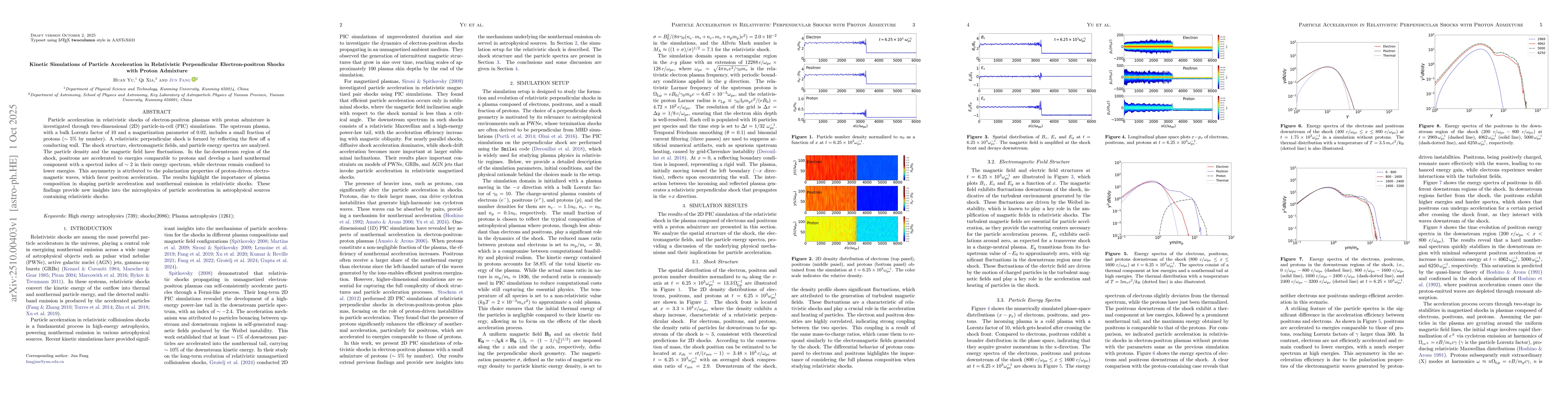 Thumbnail for Kinetic Simulations of Particle Acceleration in Relativistic
  Perpendicular Electron-positron Shocks with Proton Admixture