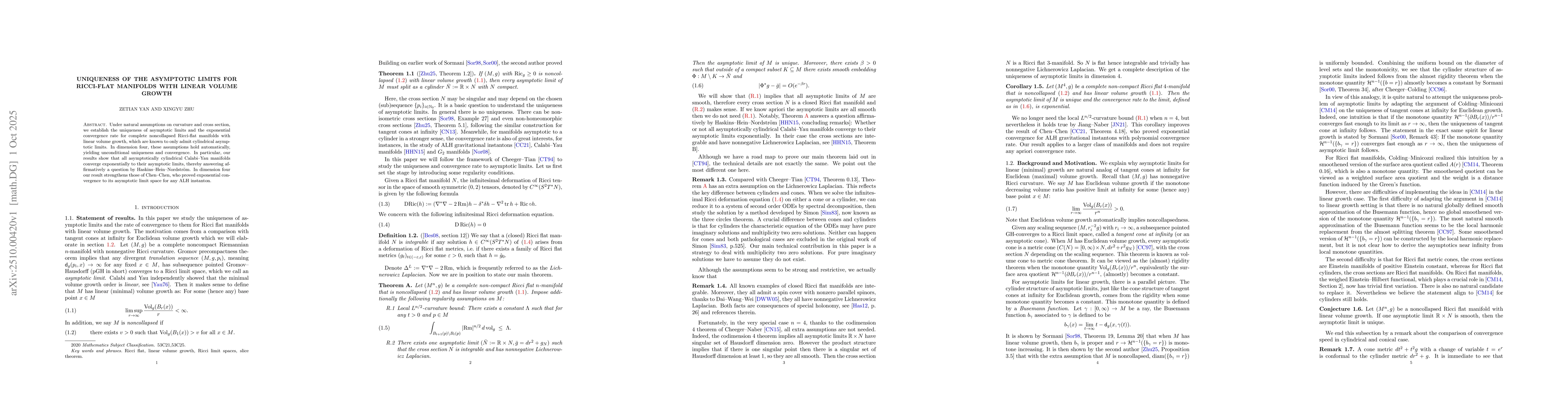 Thumbnail for Uniqueness of the asymptotic limits for Ricci-flat manifolds with linear
  volume growth