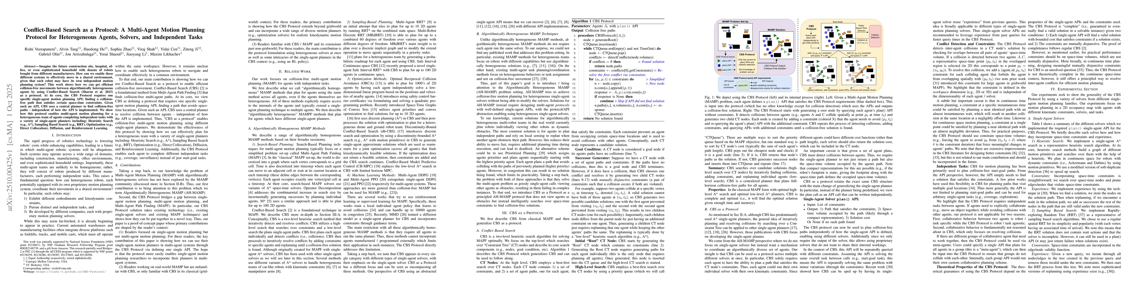Thumbnail for Conflict-Based Search as a Protocol: A Multi-Agent Motion Planning
  Protocol for Heterogeneous Agents, Solvers, and Independent Tasks