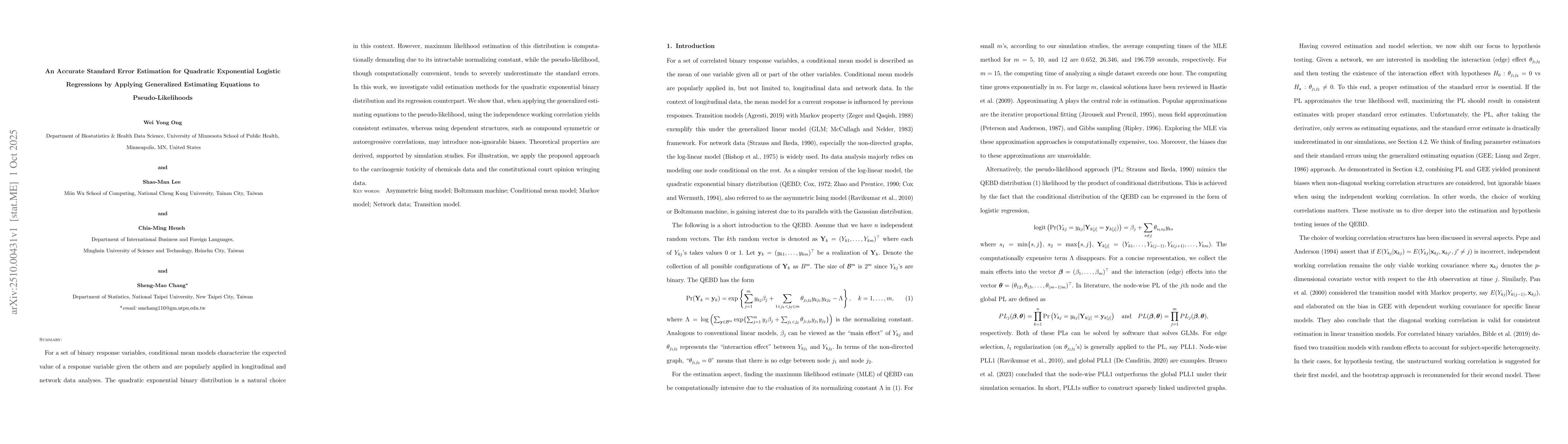 Thumbnail for An Accurate Standard Error Estimation for Quadratic Exponential Logistic
  Regressions by Applying Generalized Estimating Equations to
  Pseudo-Likelihoods
