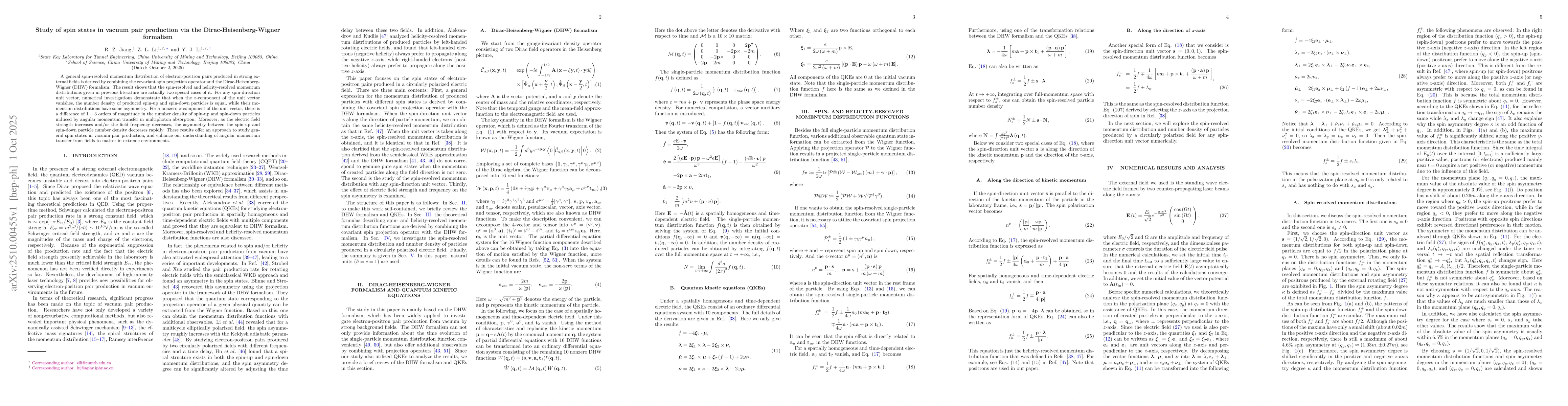 Thumbnail for Study of spin states in vacuum pair production via the
  Dirac-Heisenberg-Wigner formalism